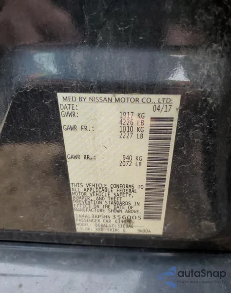 2017 Nissan Altima 2.5 z USA, uszkodzony, nr VIN 1N4AL3AP5HN356005